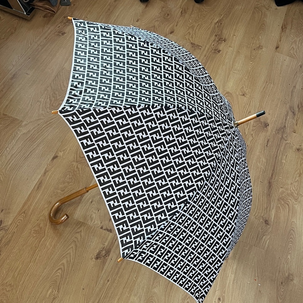 Fendi Zucca Vintage White and Black Nylon and Wood Copper Hardware Umbrella